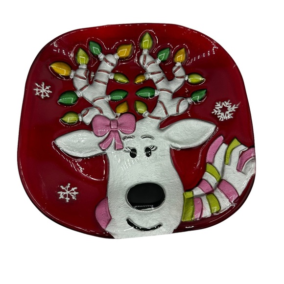 Christmas Rain Deer Platter Plate Artist Fused Painted Glass - Picture 9 of 11